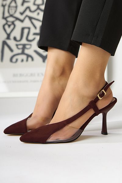 Limoya Pantofi de damă cu toc subțire Aliah Burgundy din piele intoarsa cu varf ascutit