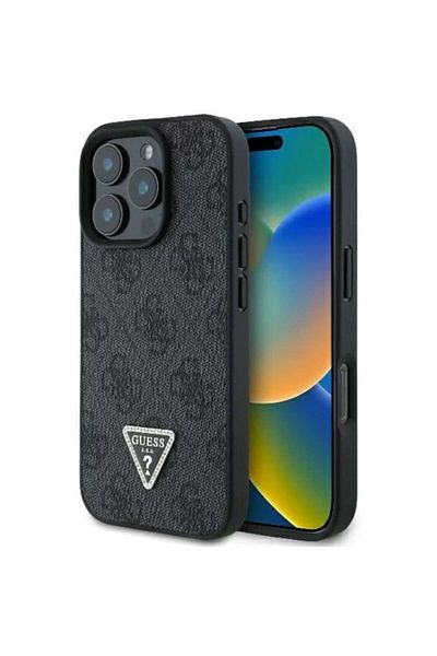 Guess Case for iPhone 16 Pro - Guess Leather 4G Triangle Strass (GUHCP16LP4TDPK) - Black