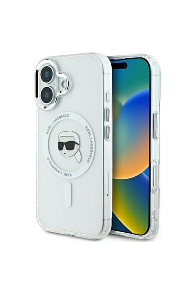 Karl Lagerfeld Case for iPhone 16 - Karl Lagerfeld IML MagSafe (KLHMP16SHLSKIH) - White Metal Karl`s Head