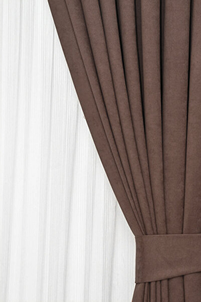 Wowlays Home Brown Pleated Background Curtain Velvety Fabric High Quality Single Sash