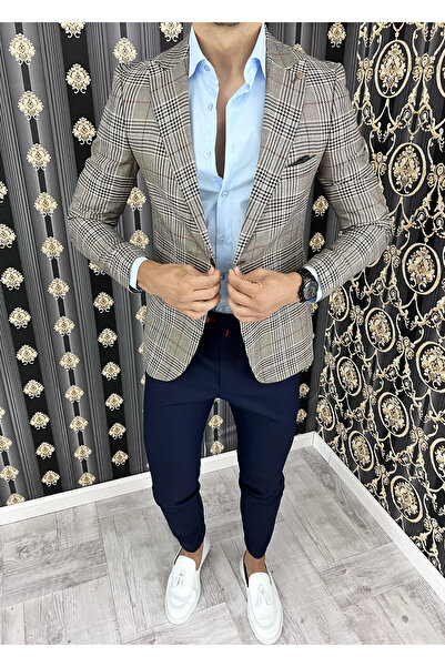 dehaine Sacou pentru barbati, slim fit, in carouri, 1041, maro