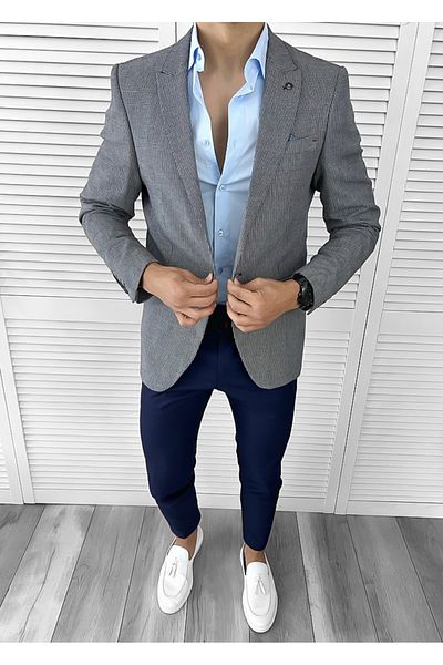 dehaine Sacou pentru barbati, slim fit, in carouri, 3470, bleumarin