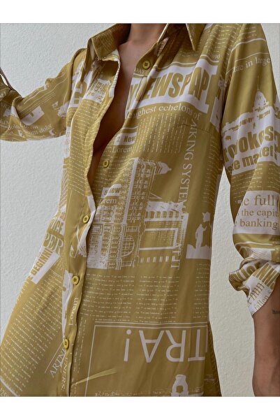 mass fashion Kadın Saten Şifon Desenli Gömlek Elbise