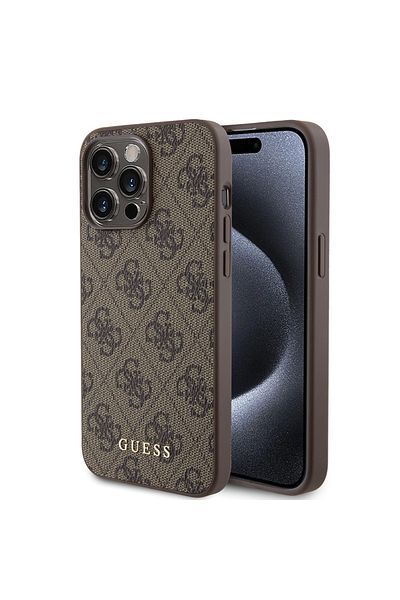 Guess Case for iPhone 15 Pro Max - Guess Hardcase 4G Metal Gold Logo (GUHCP15XG4GFBR) - Brown