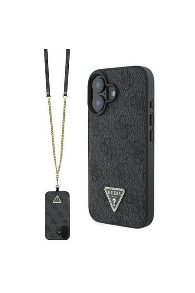 Guess Case for iPhone 16 - Guess Leather Metal Logo Strass Crossbody (GUHCP16SP4TDSCPK) - Black