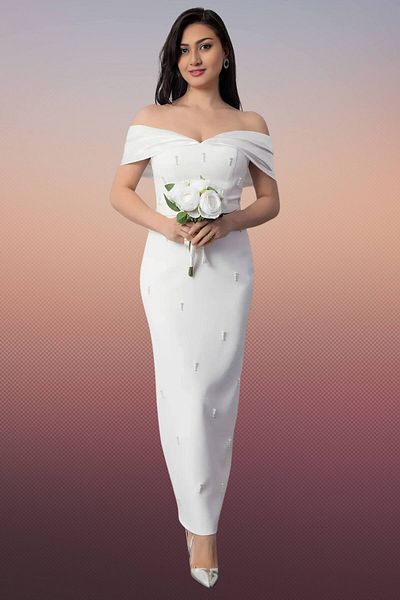Moda Amore Special Collection – Stylish Design Black Evening Dress 405 with Off-The-Shoulder Embroidered Stones