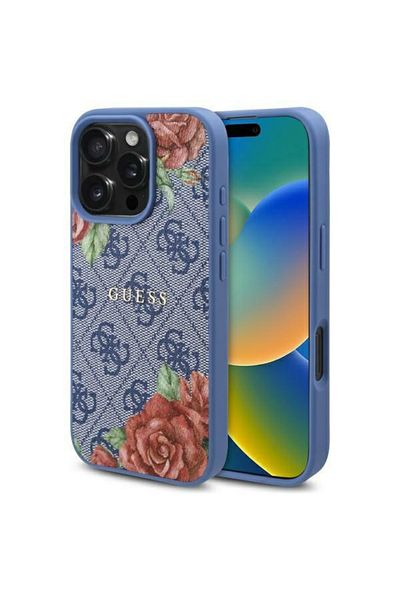 Guess Case for iPhone 16 - Guess Hardcase 4G Flower Print MagSafe (GUHMP16SP4ROPEMCB) - Blue