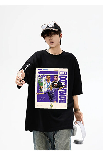 Minga London Tricou unisex supradimensionat cu imprimeu Cr7 Ronaldo negru -Gh...