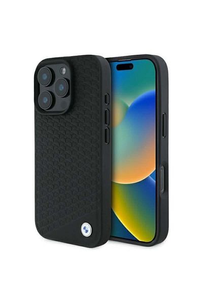 BMW Husă pentru iPhone 16 Pro - BMW Signature Leather Diamond Metal Logo MagSafe (BMHMP16L23RDDK) - Negru