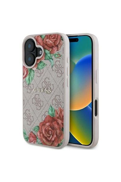 Guess Case for iPhone 16 - Guess Hardcase 4G Flower Print MagSafe (GUHMP16SP4ROPEMCP) - Pink
