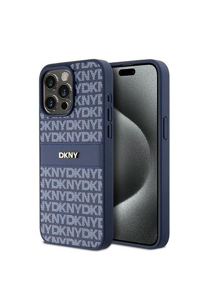 Dkny Husă pentru iPhone 15 Pro Max - DKNY din piele cu dungi monocrome și logo metalic (DKHCP15XPRTHSLB) - Albastră
