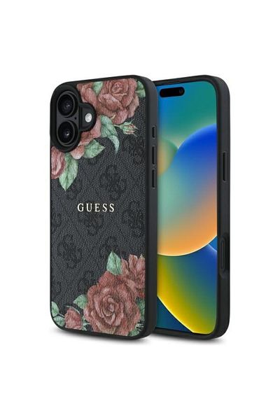 Guess Case for iPhone 16 - Guess Hardcase 4G Flower Print MagSafe (GUHMP16SP4ROPEMCK) - Black
