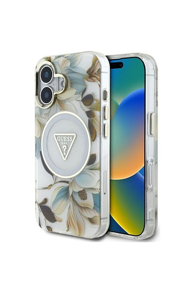 Guess Case for iPhone 16 - Guess IML Metal Glitter Flowers Triangle MagSafe (GUHMP16SHFLPEDH) - White