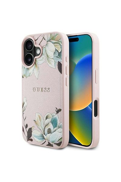 Guess Case for iPhone 16 - Guess Grained Flowers MagSafe (GUHMP16SPGNMPLMP) - Pink