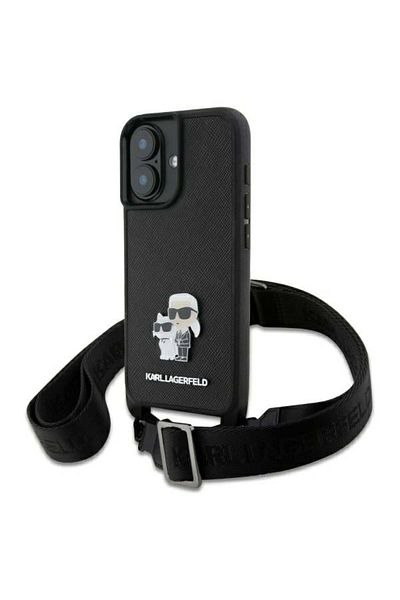 Karl Lagerfeld IPhone 16 Case - Karl Lagerfeld Saffiano Crossbody (KLHCP16SSAKCPBK) - Metal Pin Karl&Choupette
