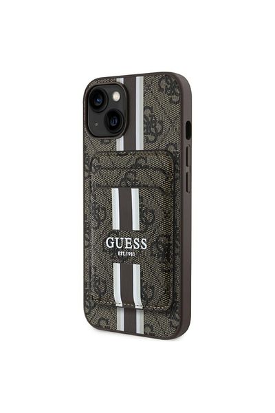 Guess Case for iPhone 15 - Guess Cardslot 4G Stripes MagSafe (GUBPHCP15SP4RPSW) - Brown