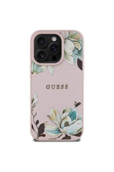 Guess Case for iPhone 16 Pro Max - Guess Grained Flowers MagSafe (GUHMP16XPGNMPLMP) - Pink