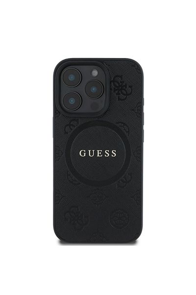 Guess Case for iPhone 16 Pro - Guess Saffiano Peony Classic Logo MagSafe (GUHMP16LPSAPSMEK) - Black