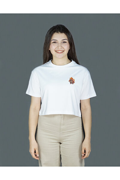 Beyaz Renk Baskılı Crop | Luxfin | Oversize