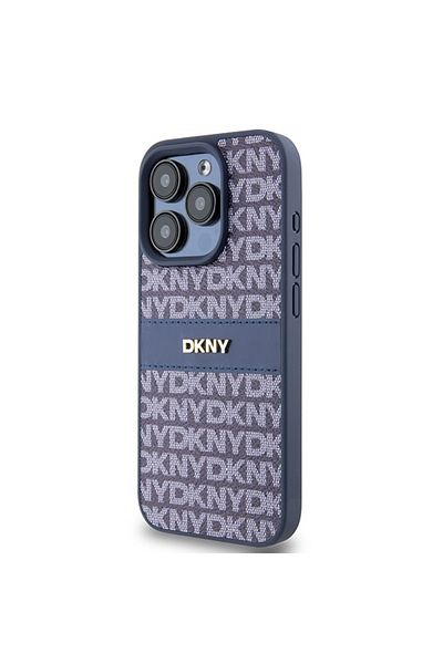 Dkny Husă pentru iPhone 15 Pro - DKNY din piele cu dungi monocrome și logo metalic (DKHCP15LPRTHSLB) - Albastră