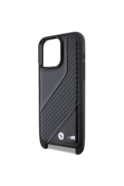 BMW Husă pentru iPhone 15 Pro - BMW Leather M Edition Carbon Stripe & Strap (BMHCP15L23PSCCK) - Negru
