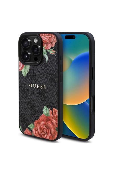 Guess Case for iPhone 16 Pro Max - Guess Hardcase 4G Flower Print MagSafe (GUHMP16XP4ROPEMCK) - Black