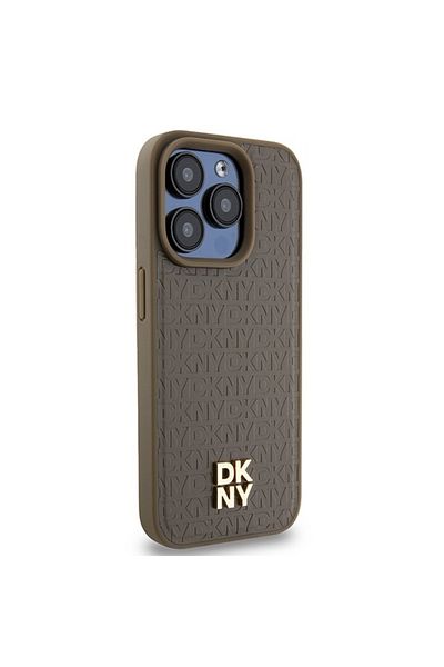 Dkny Husă pentru iPhone 15 Pro - DKNY din piele cu model monogramă și logo metalic MagSafe (DKHMP15LPSHRPSW) - Maro
