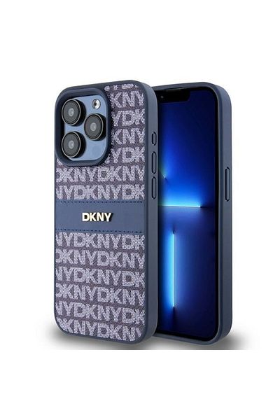 Dkny Husă pentru iPhone 15 Pro - DKNY din piele cu dungi monocrome și logo metalic (DKHCP15LPRTHSLB) - Albastră