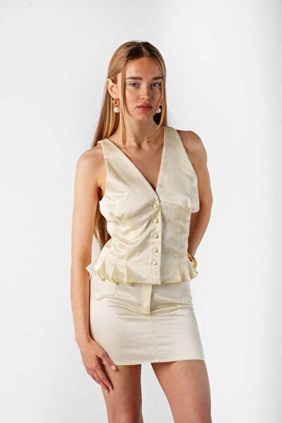 dopamiq Beliz - Şampanya Önden Pileli Düğmeli Saten Bluz