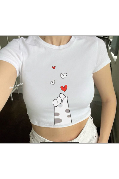 Minga London White Cat Heart Finger Crop Blouse -Ghostella