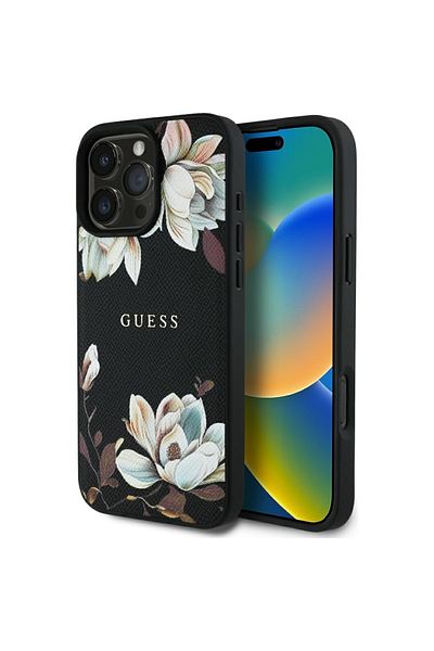 Guess Case for iPhone 16 Pro Max - Guess Grained Flowers MagSafe (GUHMP16XPGNMPLMK) - Black