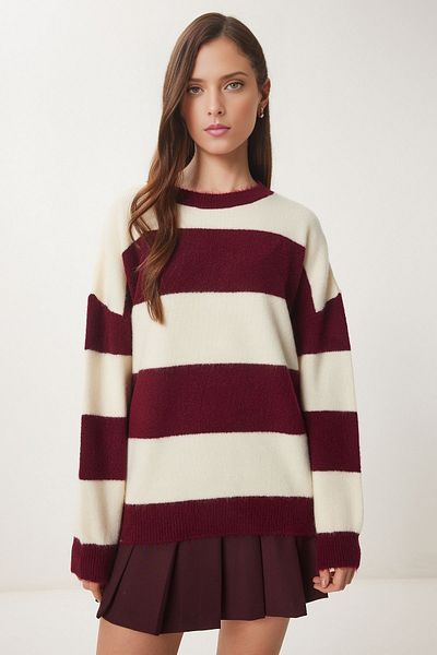 KURGAN TEKSTİL Women's Striped Soft Crew Neck Knitwear Sweater