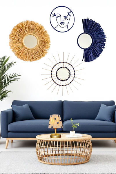 Bubihome Lacivert Rafya & Bambu Ayna & Bohem Pano 4'lü Set