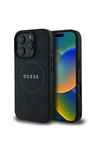 Guess Case for iPhone 16 Pro Max - Guess Saffiano Peony Classic Logo MagSafe (GUHMP16XPSAPSMEK) - Black