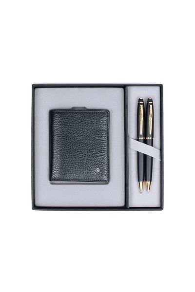 Scrikss Dr238 Gift Set Ballpoint Pen - Versatil 35 Matte Black Gold & Wallet Black