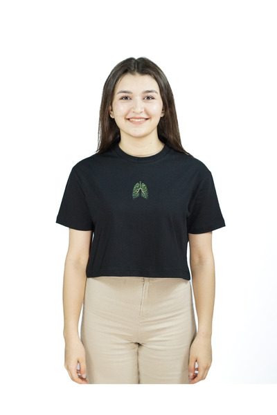 Siyah Renk Baskılı Crop | Sylvanea | Oversize