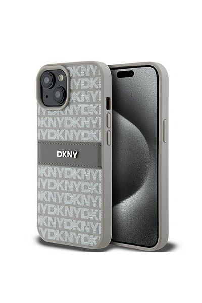 Dkny IPhone 15 Case - DKNY Leather Mono Stripe & Metal Logo (DKHCP15SPRTHSLE) - Beige