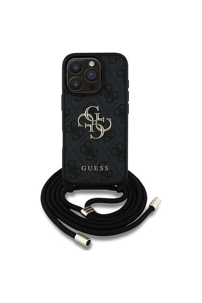 Guess Case for iPhone 16 Pro - Guess Hardcase 4G Big Logo with Cord Strap (GUHCP16LP4GMGCRK) - Black