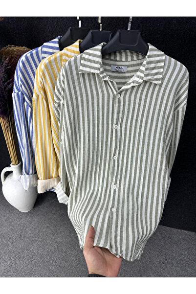 Enjoy Men's Blue White Striped Regular Comfort Cut Summer Linen Shirt