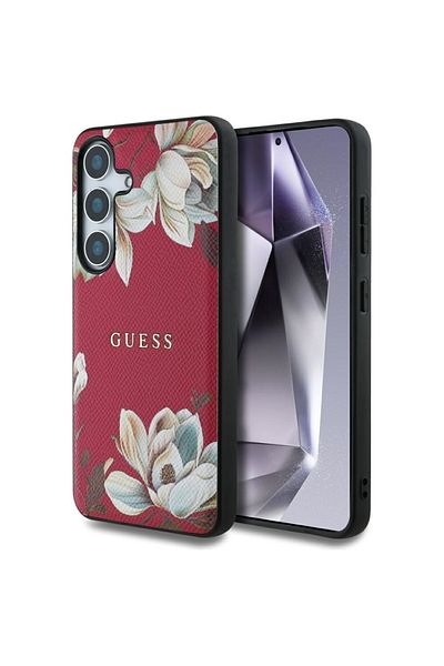 Guess Case for Samsung Galaxy S25 - Guess Grained Flowers MagSafe (GUHMS25SPGNMPLMF) - Fuchsia