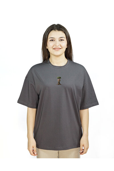 Gri Renk Baskılı Kadın T-shirt | Arborforce | Oversize