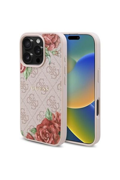 Guess Case for iPhone 16 Pro - Guess Hardcase 4G Flower Print MagSafe (GUHMP16LP4ROPEMCP) - Pink