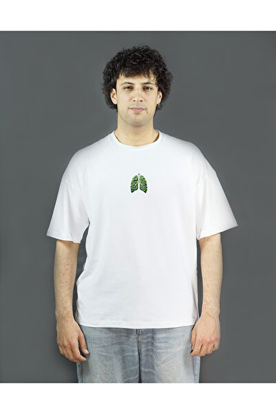 Beyaz Renk Baskılı Erkek T-shirt | Sylvanea | Oversize