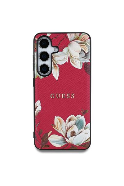 Guess Case for Samsung Galaxy S25 - Guess Grained Flowers MagSafe (GUHMS25SPGNMPLMF) - Fuchsia