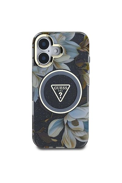 Guess Case for iPhone 16 - Guess IML Metal Glitter Flowers Triangle MagSafe (GUHMP16SHFLPEDK) - Black