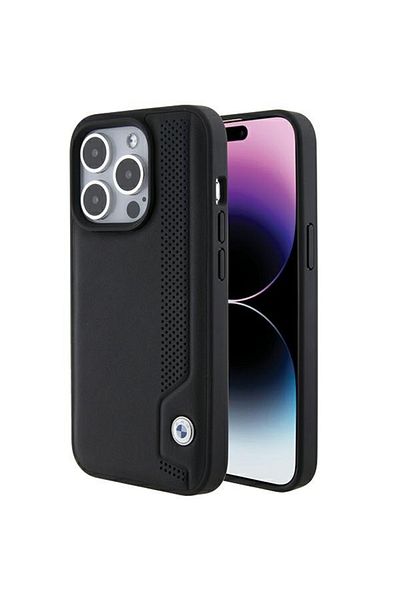 BMW Case for iPhone 15 Pro Max - BMW Hardcase Perforated Leather Blue Dots (BMHCP15X22RBDK) - Black