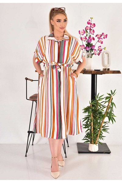 Tanos Women's Colorful Vertical Stripes Belted Shirt Dress