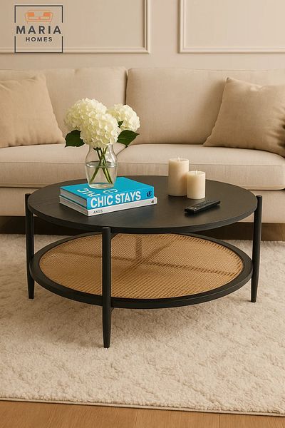 MARIA HOMES Large black round table with rattan shelf and wooden top