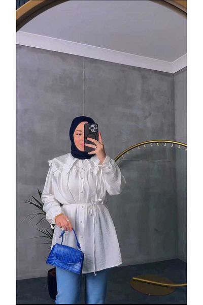 QUAWEAR Scalloped Collar Waist and Sleeve Lace up Shirt Tunic