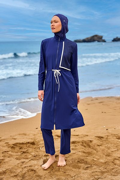 Marina Swimwear Navy Blue Full Covered Hijab Swimsuit with Tulle Detail, Adjustable Drawstring, Water Drain M2506-2